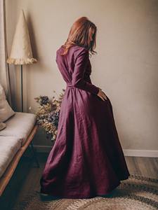 Vestido maxi de peso pesado para mujer, Vestido largo de lino para invitados de boda de talla grande, vestido de lino Morado ciruela con cinturón Obi y bolsillos - Product Image 4