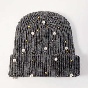 Gorro de punto de Invierno para mujer, sombreros de punto con perlas de diamantes de imitación, gorro de mujer, gorros suaves lisos para mujer - Product Image 6