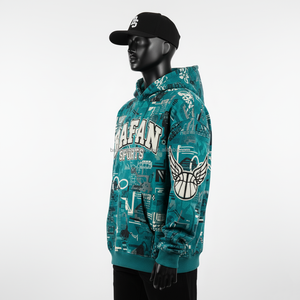 Sweat à capuche en polaire premium 350GSM, tissu brossé doux, imprimé turquoise sur toute la surface, avec broderie en chenille, logo personnalisé, sweat à capuche basique - Product Image 3