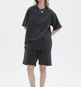 Shorts décontractés d'été pour homme en coton respirant French Terry, avec logo personnalisé, effet délavé, imprimé vintage et décoloré par le soleil, ensemble deux pièces uni à manches courtes - Product Image 3