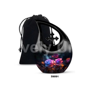 Urna para adultos de cremación de recuerdo con tema de flor de lágrima de aluminio negro para cenizas humanas urna funeraria cruzada decorativa con bolsa gratis - Product Image 1