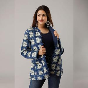 Blue Cotton <b>Quilted</b> <b>Jacket</b> for Ladies Floral Vintage <b>Pattern</b> with Stand Collar Button Logo Decoration XL Size for All Seasons - Product Image 3