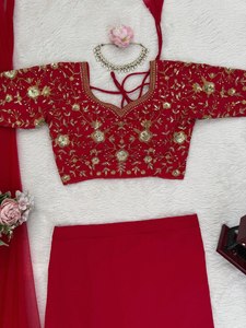 Compre Ahora: Elegantes Lehengas de Seda Georgette en Color Rojo, Inspirados en Bollywood, con un Look Atractivo y Tradicional - Product Image 6