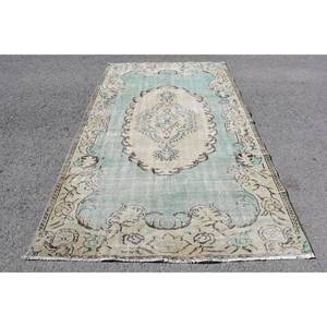 Tapis turc vintage 5.2 x 8.5ft vert beige laine Patchwork Design support en Latex pour la maison vivant chevet style rectangulaire-Tabriz - Product Image 1