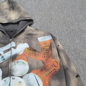 เสื้อฮู้ดดี้ทรงครอปแบบซิป สไตล์วินเทจ ย้อมสีแบบแอซิดวอช คุณภาพสูง พิมพ์ลาย DTG ตัดต่อผ้า ทรงโอเวอร์ไซส์ สำหรับผู้ชาย - Product Image 4