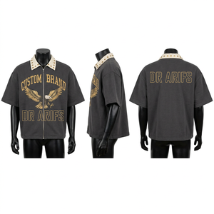 Camisa Oversize Personalizada para Hombre con Cierre, Manga Corta, Estampado de Letras Azules, Estilo Urbano - Product Image 3