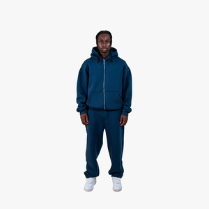 Ensemble survêtement homme oversize 100% coton avec sweat à capuche zippé et pantalon de jogging, impression logo personnalisée en relief, tenue de sport hiver - Product Image 1
