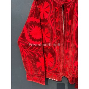 Maroon Velvet Floral Embroidered Suzani Quilted Quick Dry Women's Vintage Party Wear Jackets Hand <b>Stitch</b> Cotton Lining Two Side - Product Image 3