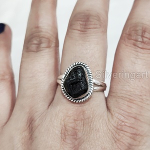 Joyería de piedra en bruto, anillo de mujer, piedra preciosa de turmalina negra cruda Natural, piedra natal de octubre, anillo bohemio, anillo de Plata de Ley 925 - Product Image 4