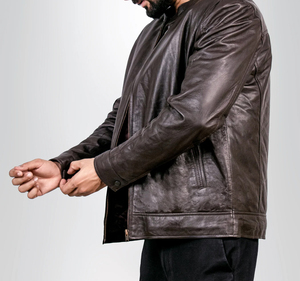 Veste en cuir véritable pour homme de marque en gros, mode d'hiver, sur mesure, col montant, logo sur le devant, OEM, commandes en gros - Product Image 4