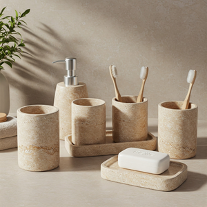 Juego de baño de travertino personalizable, organizador de tocador de lujo de piedra natural para decoración de hogar y Hotel, proveedor de confianza de 35 años - Product Image 2