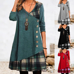 Robe d'automne décontractée à manches longues col en V pour femmes en polyester à carreaux élégants respirants et naturels - Product Image 4