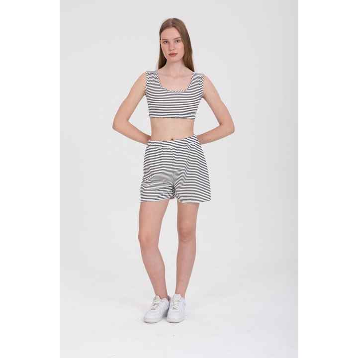 Ivory Blackwhite Striped Strappy Crop Elastic Waist Shorts Women's