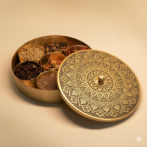 Organizador de Especias Redondo Clásico de Latón con Tapa y Cuchara |   Caja de Almacenamiento Tradicional para Masala, para Preparación de Alimentos y Suministros de Hotel - Product Image 3