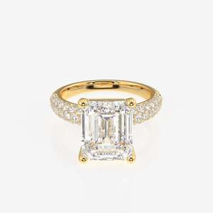 18K Gold <b>Ring</b> with Emerald Cut Moissanite Diamond Three Layer Pave Unique and Elegant - Product Image 1
