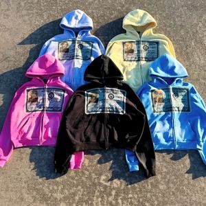 Sweat à capuche Streetwear de haute qualité polaire blanc Boxy Zip up Vintage Double couche lavage à l'acide soleil délavé sweats à capuche en détresse pour hommes - Product Image 6
