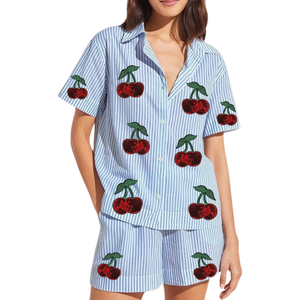 Nouveaux ensembles de coton 2 pièces pour femmes à la mode avec doublure brodée tissu été décontracté demi-manches chemise et short Logo personnalisé - Product Image 1