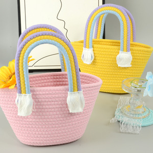 Panier de rangement en corde de coton avec poignée arc-en-ciel, organisateur tissé, panier écologique pour jouets, chambre d'enfant, rangement domestique - Product Image 1