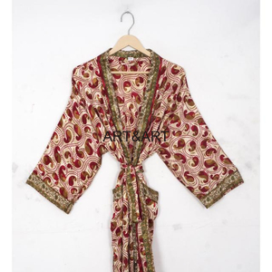 ชุดคลุมผ้าไหมส่าหรีวินเทจของผู้หญิงชุดคลุมให้ความอบอุ่นสำหรับเจ้าสาวชุดนอนฤดูร้อนชุดกิโมโน2กระเป๋าด้านหน้ารีไซเคิล - Product Image 6