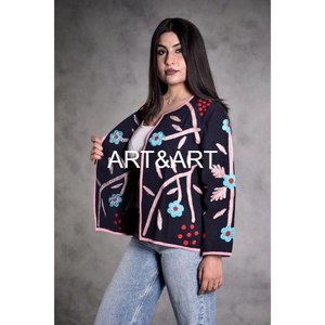 Manteau court d'hiver unisexe en coton brodé Suzani matelassé, veste à boutons respirante et écologique pour hommes et femmes - Product Image 3