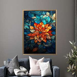 Impression sur toile moderne en verre teinté à suspendre au mur - Art sur toile bleue, encadré or - Product Image 1