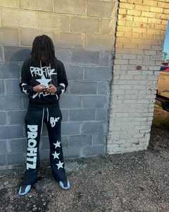 Survêtement Slim Fit de style de rue 100% coton surdimensionné en détresse Vintage soleil délavé survêtement largeur jambes pantalon et ensemble à capuche - Product Image 1