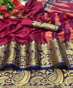 Tissue Velvet Cotton Saree with Blouse and Lace for Wedding Party - Product Image 5