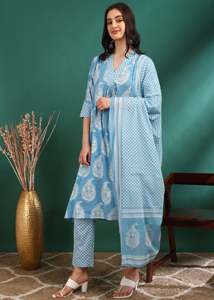 Kurta en coton pour femmes, imprimé Buta, coupe A, avec pantalon à bas élastique et dupatta, longueur mollet, col en V, manches trois quarts, bleu - Product Image 3