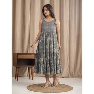 เดรสผ้าฝ้ายมัลมัลสีเทา สายผูกไหล่ พิมพ์ลายบล็อกด้วยมือ สไตล์ลำลอง เอวธรรมชาติ ระบายอากาศได้ดี - Product Image 6