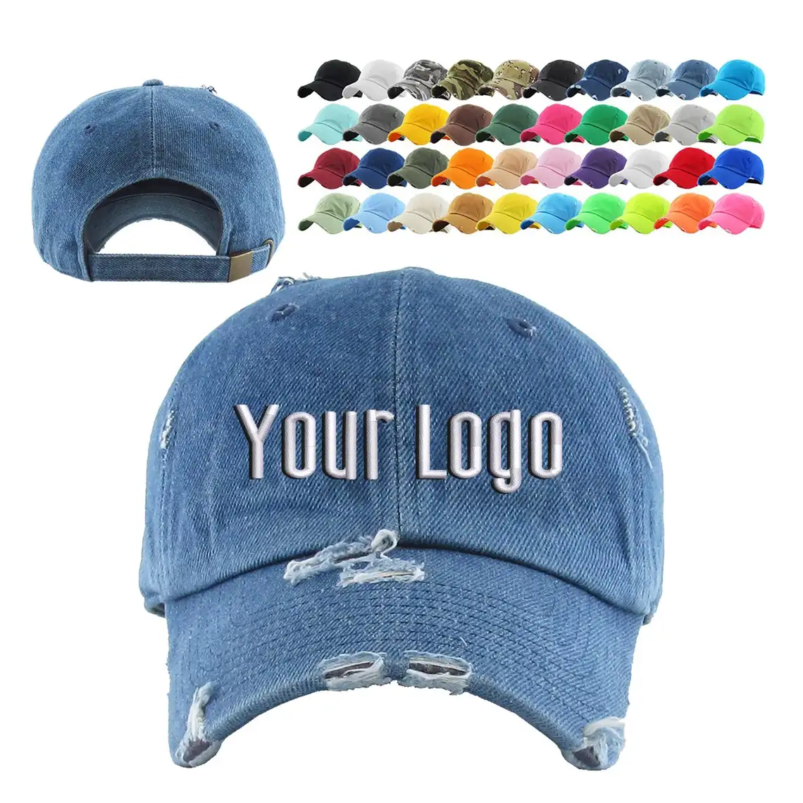 Özelleştirilmiş nakış logonuz boş düz pamuklu Denim toptan beyzbol şapkası yıkanmış sıkıntılı baba şapkası özel