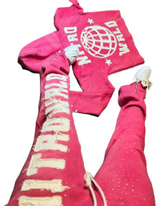 Wholesale Vintage Style <b>Zip</b>-up Hoodie Sweatpants Set for Men Custom Rhinestone Distressed Patch Design 100% Cotton Material - Product Image 1