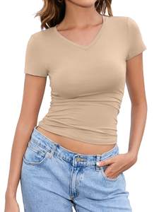 Servicio OEM Coreano, Camiseta Personalizada con Logotipo, Ajustada para Mujer, Ligera, Diseño Personalizado, Elegante, Cuello en V, Manga Corta, Moderna y a la Moda - Product Image 4