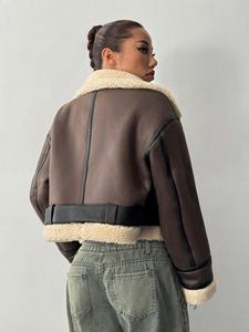 Femmes 2025 hiver Chic recadrée en peau de mouton veste Vintage à manches longues surchemise fermeture à glissière vêtements d'extérieur décontractés mode - Product Image 5