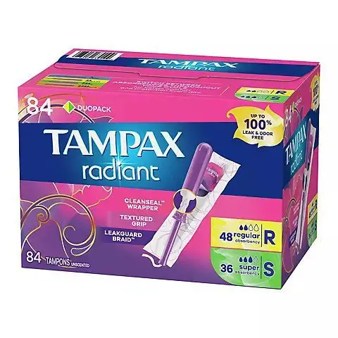 Hoge Kwaliteit Tampax Stralende Duo Pack Regular/Super Plastic Ongeparfumeerde Tampons 84 Count Box