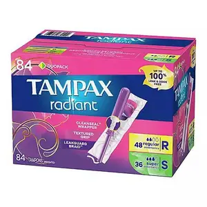 High Quality Tampax Radiant Duo pack Regular/Super Plastic Unscented Tampons 84 Count Box