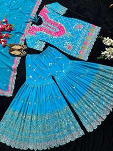 Diseñador Party Wear Faux Georgette Top Sharara Palazzo Dupatta Set con bordado de secuencia pesada y borde de encaje Latkan Dori - Product Image 4