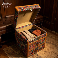 Baú de Armazenamento de Tecido Vintage Boêmio, Caixa Decorativa com Tampa Elevatória para Cobertores, Baú Estilo Tribal Retrô para Sala de Estar e Quarto