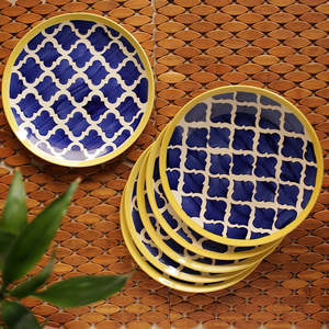 Ensemble familial de luxe de style bohème marocain, 6 assiettes à dîner en céramique ABS peintes à la main, 10 pouces, motif personnalisable, bleu et blanc - Product Image 4