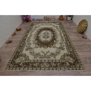 Tapis turc grand format 5,9x9,6 pieds, vintage, écologique, beige, marron, patchwork, en laine, avec envers en latex - Product Image 1