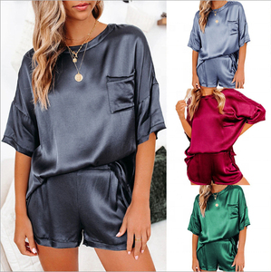 Vêtements de nuit personnalisés OEM pour femmes, ensemble de pyjama deux pièces en satin de soie, ensemble court pour la maison, vêtements de détente pour femmes, ensembles pour femmes - Product Image 1