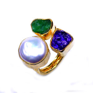 Vêtements de mariage en argent sterling 925 plaqué or perle baroque tourmaline émeraude pierre précieuse femmes portent une bague classique - Product Image 4