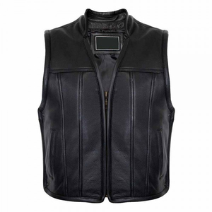 Black Cowhide Leather Breathable Vintage Men's Pre-Patched Biker Vest Autumn Custom Logo 23 Assorted Patches Multiple Pockets - Product Image 4