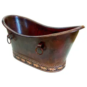 DOUBLE SLIPPER FREE STANDING BATH TUB Hand-Hammered Mexican Copper with Embossed Design Matching Drop-in Copper Sinks Bathtub