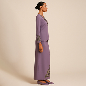 Ensemble deux pièces modeste Baju Kurung fait à la main broderie florale Style solide respirant grande taille Abaya pour les mariages Ramadan Eid - Product Image 6