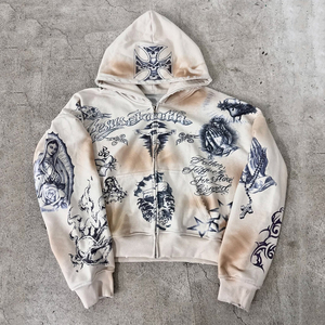 Eco-Friendly Vintage Winter Custom Rhinestone Printed 100% Cotton Heavy Weight Fleece Regular Fit Distressed Acid Wash Men's - Product Image 1
