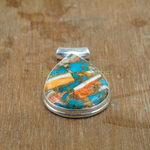 Pendentif en forme de larme en argent sterling 925 avec mosaïque de nacre et de turquoise, bijoux faits à la main - Product Image 5
