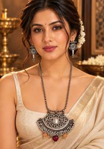 Designer Chitai Work Pendant Necklace for Women | <b>Handmade</b> Brass <b>Jewellery</b> with Pure <b>Silver</b> Design | Free Matching Earrings - Product Image 1