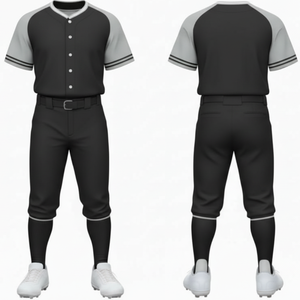 Ensemble de tenue de baseball raglan noir et gris, maillot d'équipe de performance uni avec passepoil contrasté et pantalon de sport assorti - Product Image 1