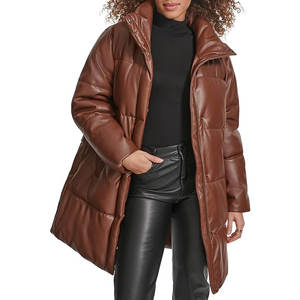 Manteau d'hiver chaud pour femme en similicuir mi-long, veste matelassée avec fermeture éclair intégrale, manteau décontracté élégant - Product Image 1