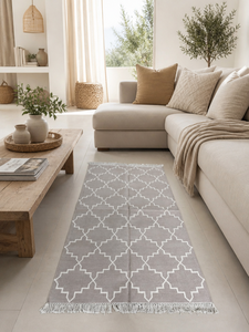 Alfombra de Área Tejida a Mano de Algodón, Gris Claro, Diseño Geométrico Hexagonal con Flecos y Borlas, Decoración para Sala de Estar - Product Image 2
